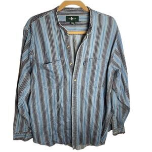 Vintage 90s Hunt Club Denim Shirt Stiped Button Up Band Collar Countryside Prep